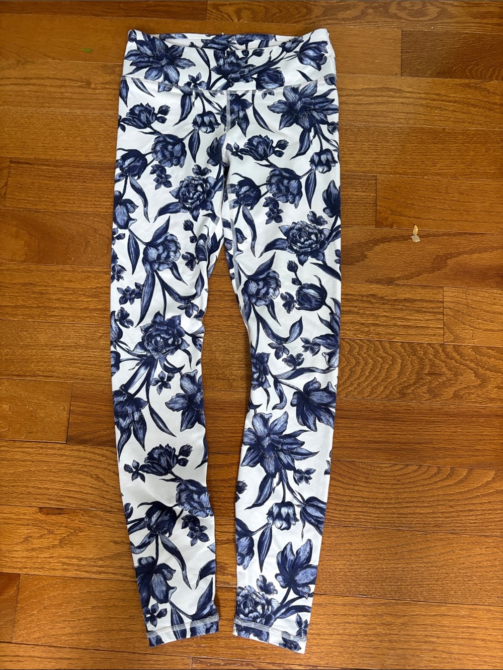Fabletics White Leggings with Navy Floral Print